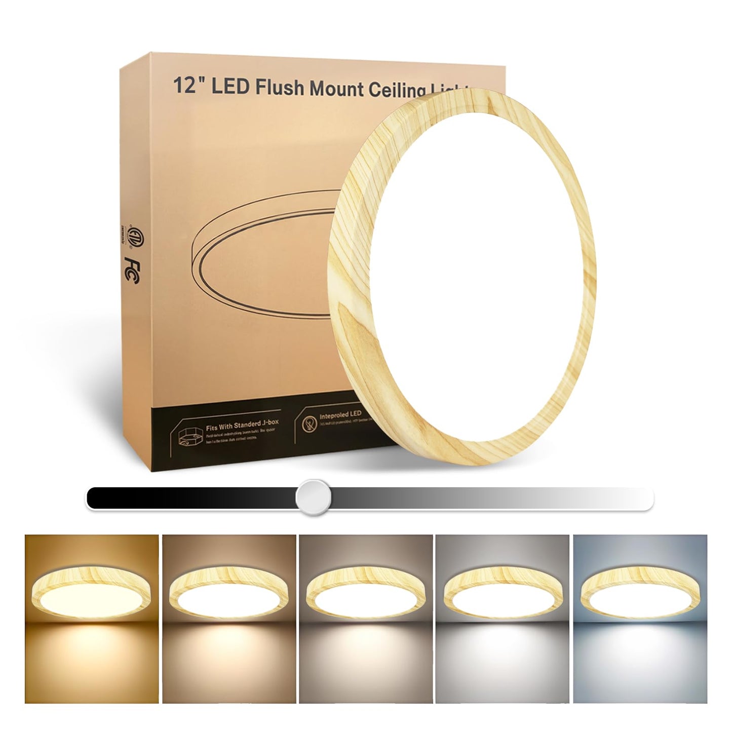 EOSMILE 12 Inch Wood Grain LED Flush Mount Ceiling Light, 25W, 3000LM, CRI 95+, 2700K-5000K 5-Color Selectable & Dimmable, Thin Flat Surface-Mounted Fixture for Bedroom, Hallway, Living Room