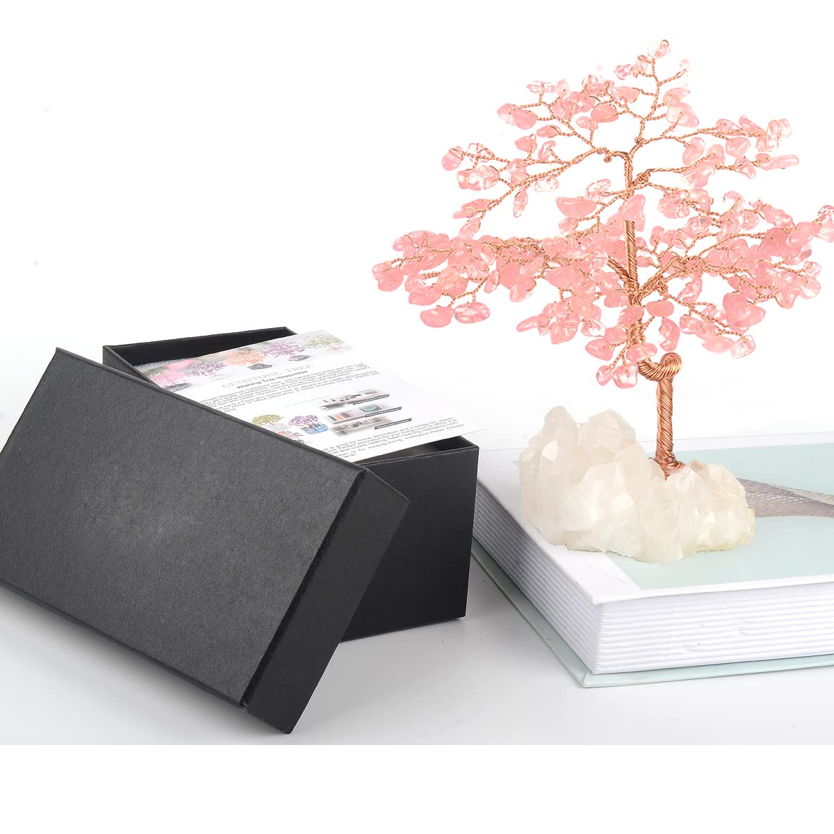 MASGEMES Gemstone Crystal Tree of Life,Natural Rose Quartz Clear Quartz Cluster Base,Healing Crystal Positive Energy Bonsai Feng Shui Money Tree Home Decor for Luck and Wealth 5.5"-6.3"