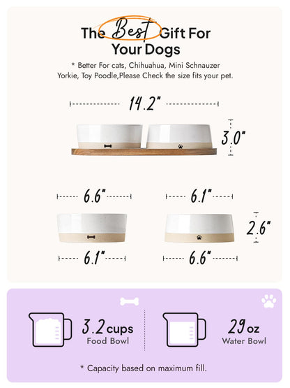 LE TAUCI PET Ceramic Dog Bowls for Medium and Small Dogs - 3.2 Cup Weighted Non-Slip Food and Water Bowls with Acacia Wood Tray, Pet Bowl Set of 2