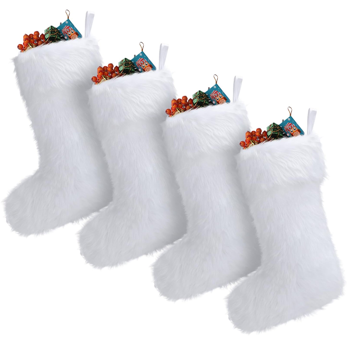 JOVITEC 4 Pcs 20 Inch White Christmas Stockings Faux Fur Snowy Christmas Stockings Xmas Fireplace Hanging Stocking Candy Gift Bags for Holiday Decorations