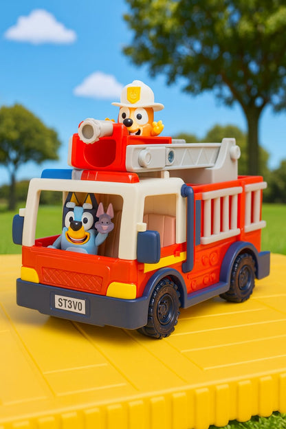 Bluey Firetruck, Firetruck, Exclusive Firefighter Bingo and Bob Bilby Figures Raise The Ladder, Spin It Around and Roll Out The Hose Includes Sticker Sheet