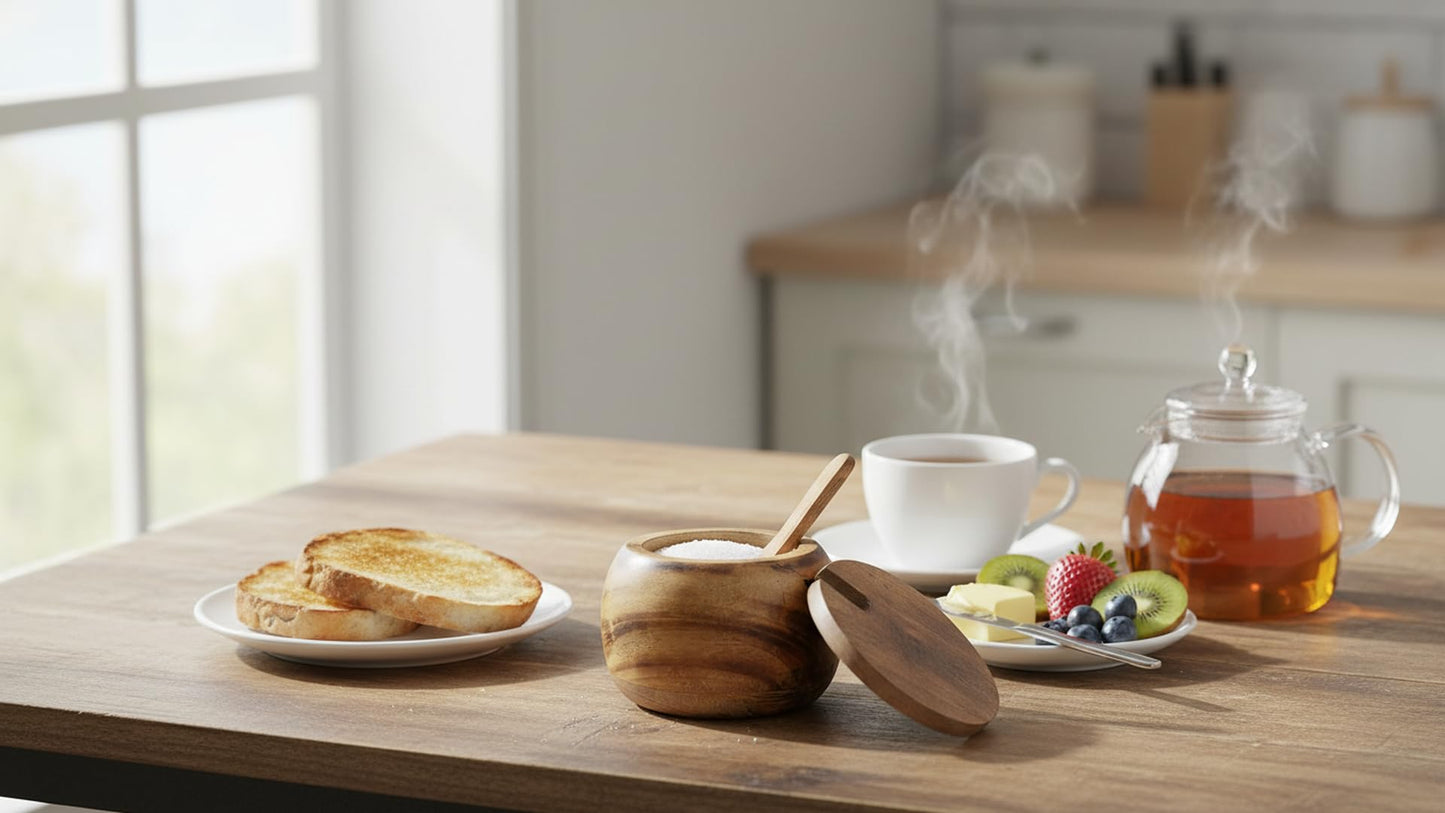 Decorative Rustic Wooden Sugar Bowl & Spoon With Lid Wide Mouth Candy Treat Jar Spice Jar Holder Condiment Nuts Serving Bowl Pot Salt Spice Herb Loose Leaf Tea Storage Container Novelty Home & Kitchen