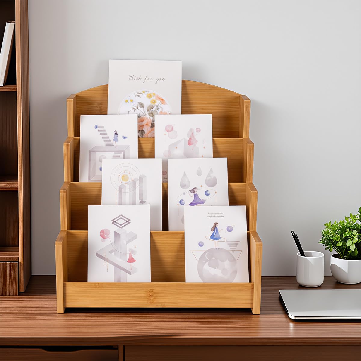 Homevany Bamboo Greeting Card Display Stand Holder - 4-Tier Sticker Organizer Rack, Trading Card Holder Retail Photos Shelf for Vendors Craft Collection & Show.