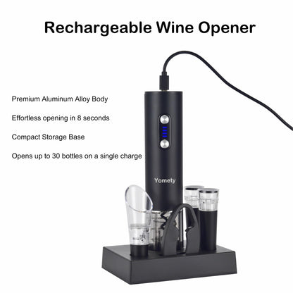 Electric Opener Set With Base, Accessories Including Rechargeable Corkscrew, Aerator, Stoppers and Foil Cutter - Perfect Gifts for Wine Lovers