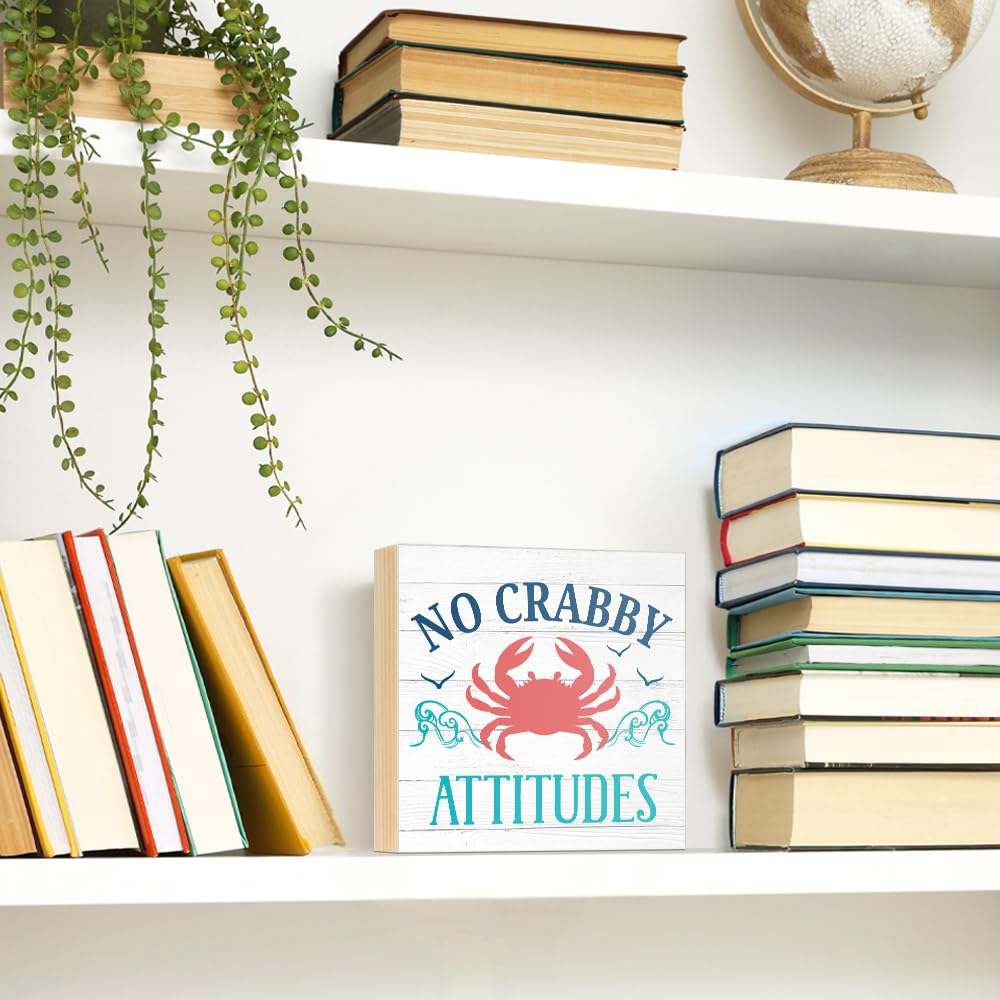 Pishovi No Crabby Attitudes Wooden Box Sign, Inspirational Phrase Decorative Plaque for Home Kitchen Bathroom Bar Café, Beach Theme Desk Plaque, Housewarming Gifts for Friend Coworker