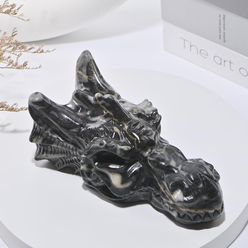 Bmuafry 6''Natural Dragon Head Crystal Skull Head Hand Carved Reiki Healing Stone Statue Healing Home Office Art Room Decoration (Picasso Stone, 6inch)