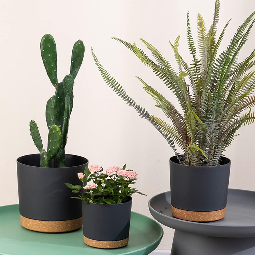 ZMTECH 16.5cm Plant Pots, Modern Planters with Drainage Holes and Detachable Saucer, Plastic Flower Pots for Plants for House Garden Windowsill (Set of 2, Dark Grey)