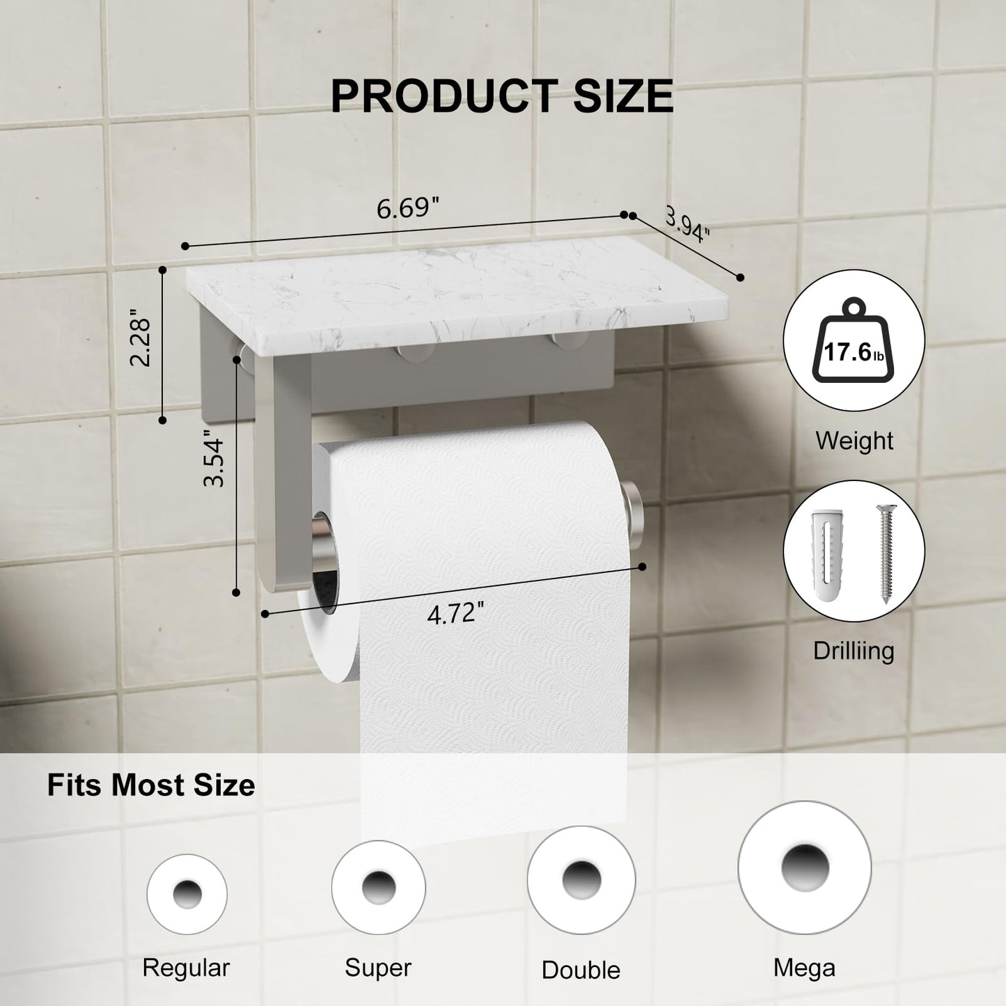 BATHLAVISH Toilet Paper Holder with Marble Shelf, 304 Stainless Steel Tissue Hand Holder Wall Mounted Toilet Paper Roll Hold with Phone Shelf for Bathroom Kitchen Washroom Bedroom, Brushed Nickel