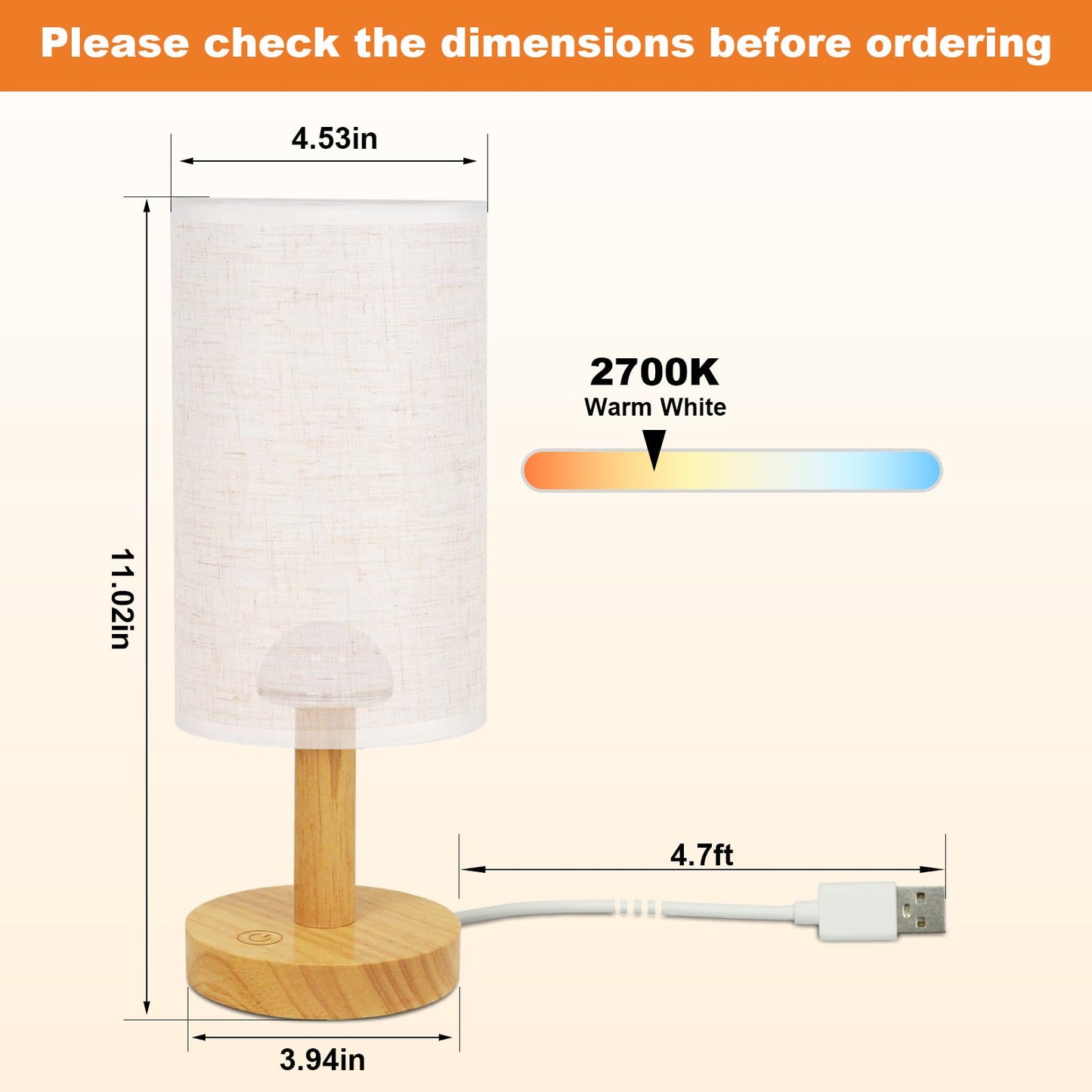 Touch Bedside Table Lamp - Stepless Dimming USB Powered, Minimalist Wood Base Linen Shade, 2700K Warm Light for Bedroom Nightstand Nursery Dorm Small Spaces, 5W LED 50K Hrs (No Bulb Replacement)