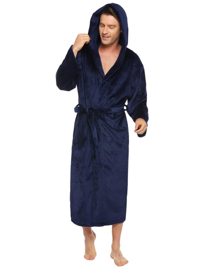 Vlazom Men Dressing Gown, Flannel Soft Bathrobe Cosy Warm Robes Fluffy Hooded Housecoat forWinter Loungewear, A-navy, XXL