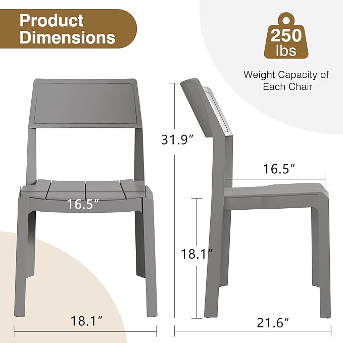 VECELO 4 Pack Stackable Dining Chairs, Plastic Patio Chairs for Indoor Outdoor Use in Kitchen, Poolside, No Assembly, Gray