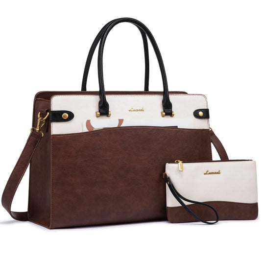 LOVEVOOK Laptop Tote Bag For Women Work, Vintage Leather Computer Bags For Laptops For Women, Waterproof Laptop Bag Business Briefcase Office Large Shoulder Handbag Purse, 15.6 Inch, Brown-Beige-Black
