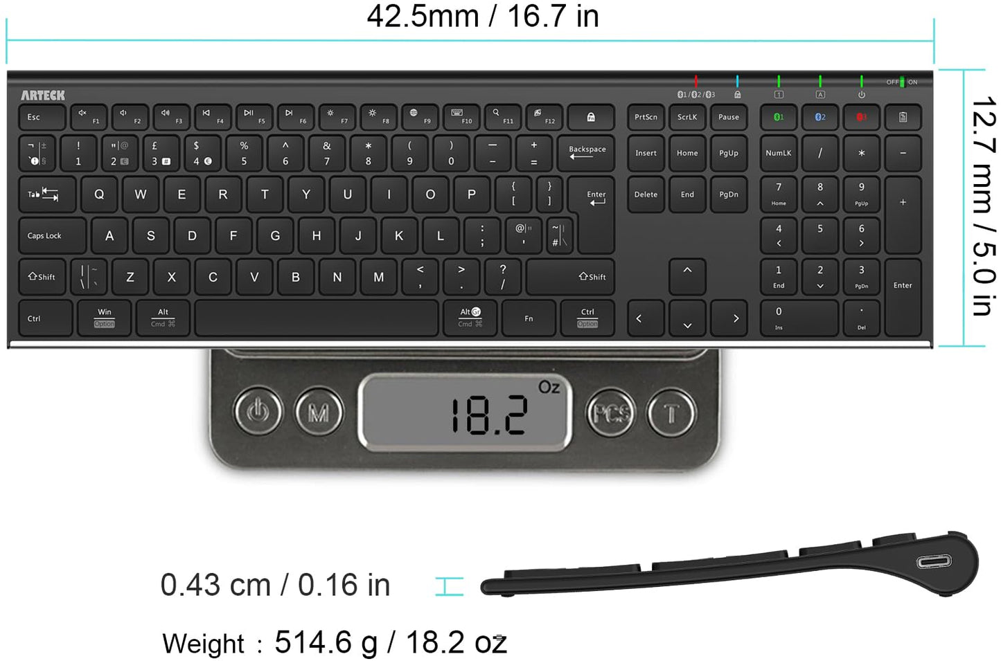 Arteck Universal Bluetooth Keyboard Stainless Steel Full Size UK Layout Wireless Keyboard for Windows, iOS, Android, Computer Desktop PC Laptop Surface Tablet Smartphone Built in Rechargeable Battery