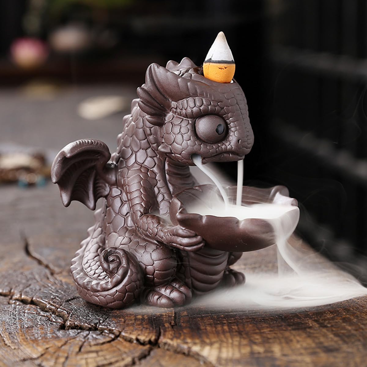 Ceramic Dragon Incense Burner, Cute Dinosaur Backflow Incense Holder with 20 Incense Cones, Tweezers, Mat, Aromatherapy Home Decoration for Spa Yoga Meditation (Brown)