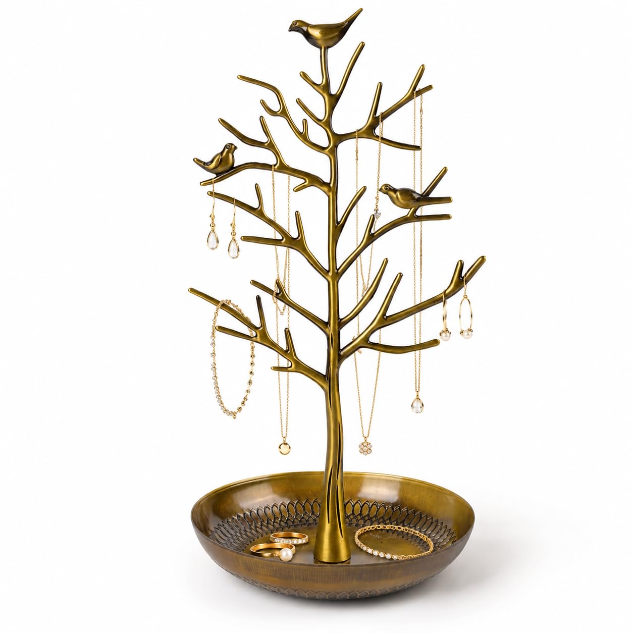 ChezMax Jewelry Display Necklace Earring Organizer Holder Metal Birds Tree Stand with Tray Antique Bracelet Rings Rack Tower Decoration for Women Girl 11.8 Inch