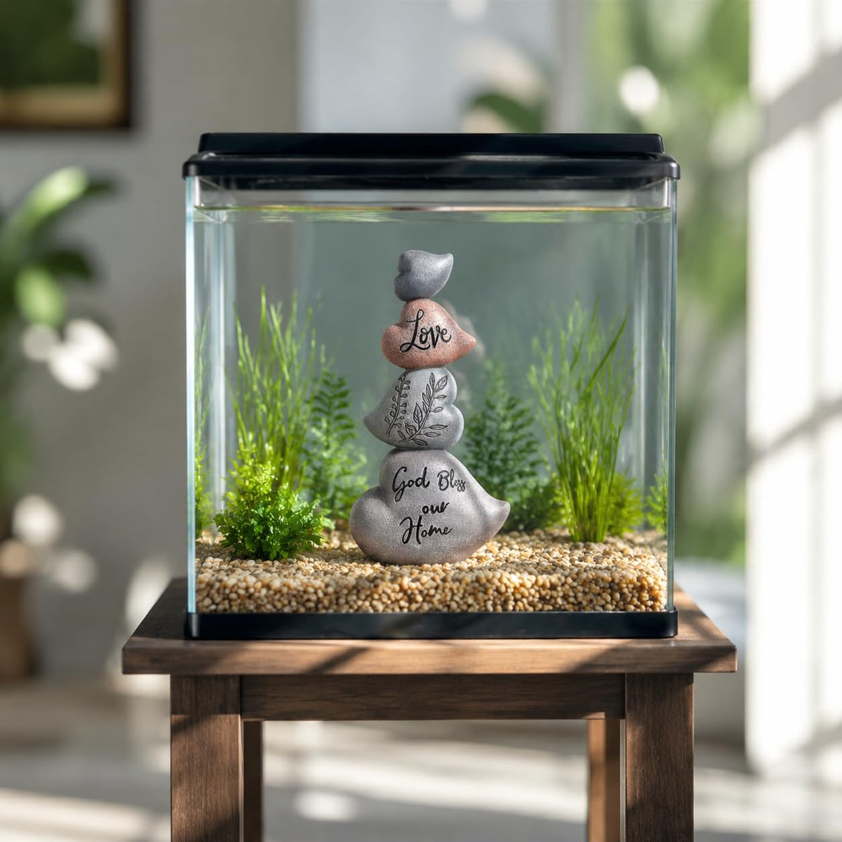 WUBIANJIE Cairn Rock Sculpture Stacked Ornament Decor, Resin Rock Decor for Fish Tank, Terrarium or Shelf, Tabletop Zen Garden Statue, God Bless Our Home Accent