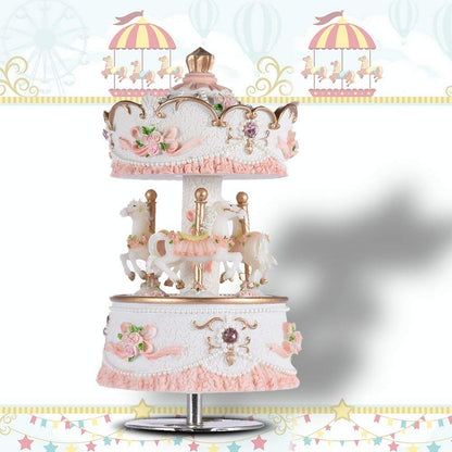 Carousel Music Boxes for Girls 3-Horse Rotating Windup Melody Castle in The Sky Color Change LED Lights Musical Gift for Daughter Birthday Christmas Festival Music Box Artware Pink