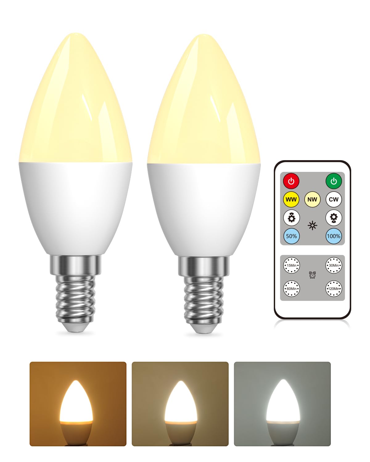 Lustaled 4W E12 LED Candelabra Light Bulbs with Remote Control, Dimmable B11/C37 Candle Bulb 40 Watt Equivalent, 3 Color & Timer 120V for Chandeliers Ceiling Fans Night Lamps, Non-Rechargeable