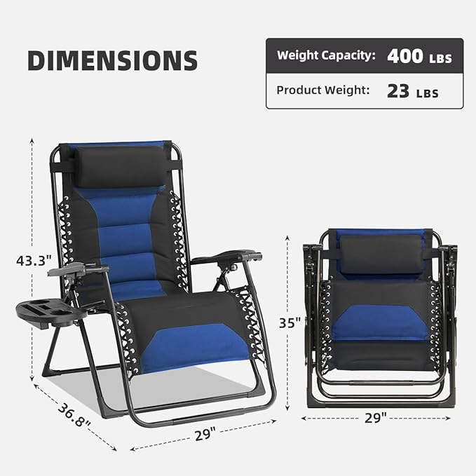 Zero Gravity Chair Oversized Folding Recliner XL, Padded Anti Gravity Lounge Chair with Adjustable Pillow & Cup Holder for Outdoor Camping, Patio, Poolside, Lawn (Black & Blue)