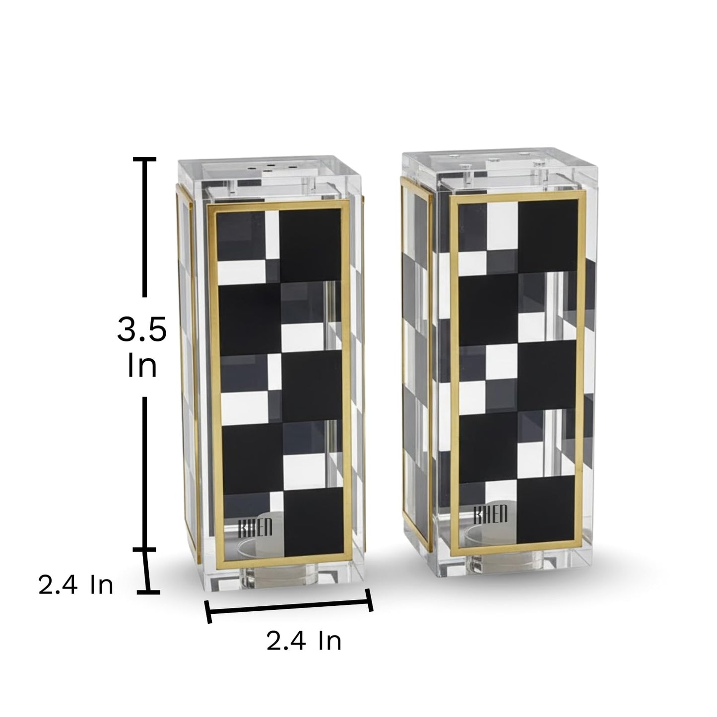 Black and White Checkered Salt and Pepper Shakers Set - Luxurious Lucite Acrylic Square Design - Modern 2.4" x 3.5" Refillable Dispensers - Elegant Kitchen Decor, Dining Table Unique Housewarming Gift