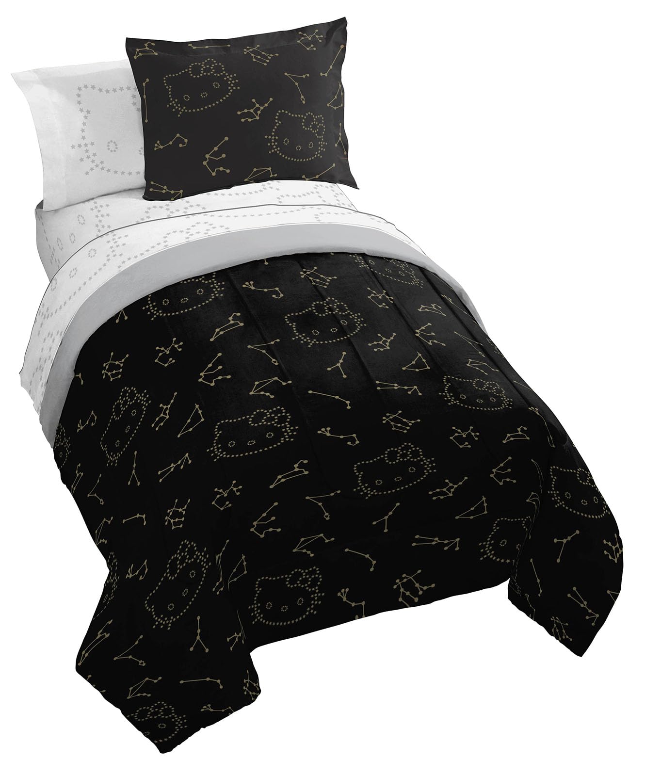 Jay Franco Hello Kitty Stars Twin Comforter Set - 5 Piece Bedding Includes Sheet Set & Pillow Covers - Super Soft Zodiac Black & Gold Bedding
