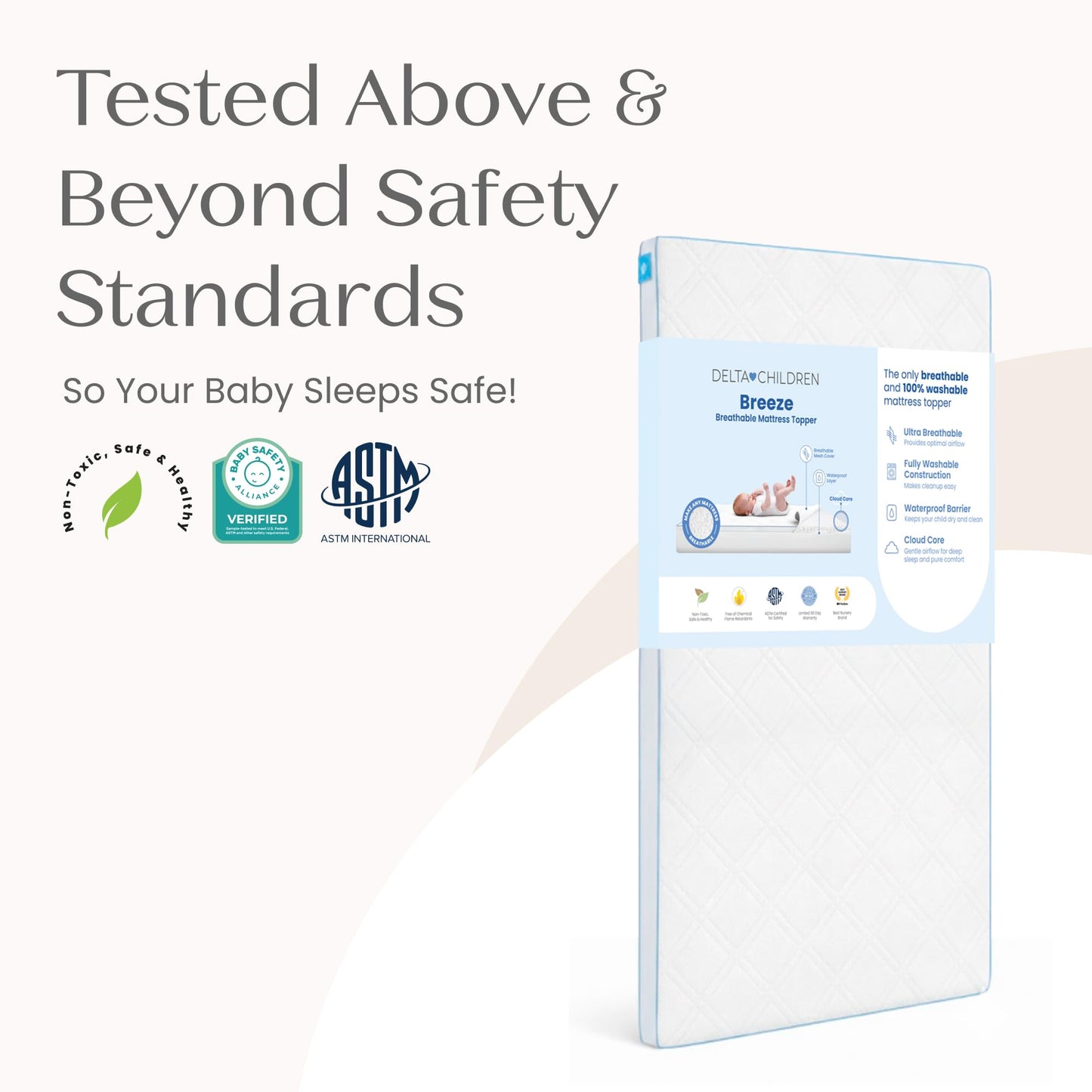 Delta Children Breeze Breathable Crib Mattress Topper, Makes Any Crib Mattress Breathable, 100% Washable, Ultra-Breathable Quilted Layer for Comfort, Fits Standard Size Cribs & Toddler Beds