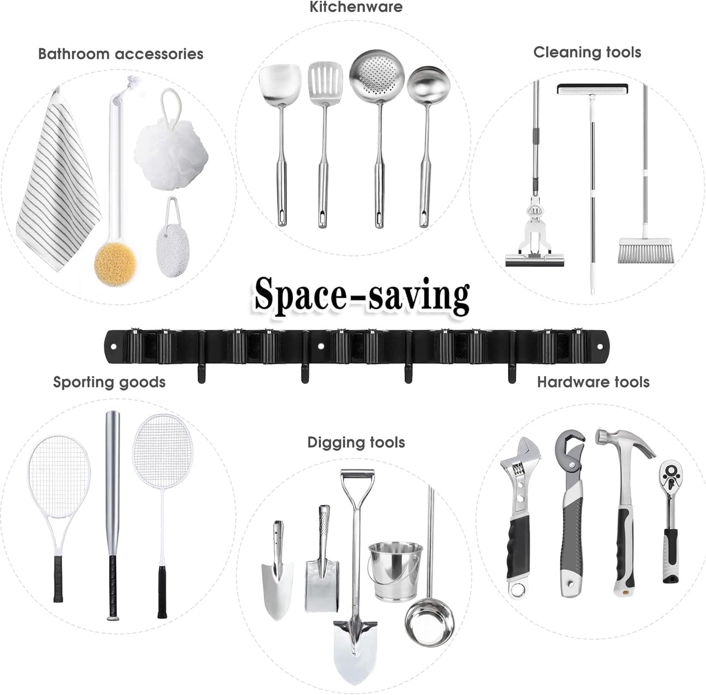 5 Holders+4 Hooks Black Broom Holder Wall Mounted with Nails Installation, Heavy Duty Stainless Steel Mop Holder, Brush Mop and Broom Storage Self Adhesive