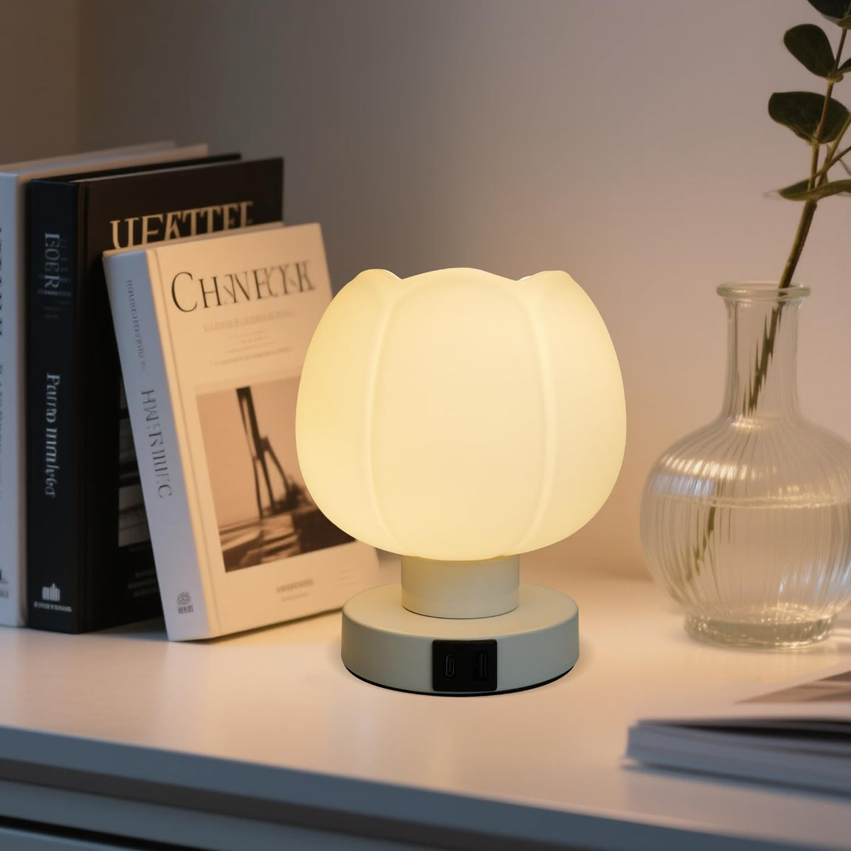 Komothala Touch Bedside Lamp with USB C+A Charging Ports,Tulip Flower Lamp with White Glass Lamp Shade, Warm LED Bulb, 3 Way Dimmable, Small Table Lamp for Bedroom Nightstand Living Room