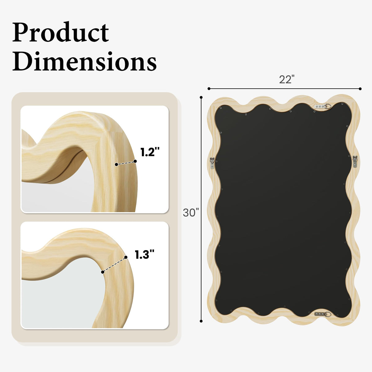 Pocetry 22"x30" Wood Wavy Wall Mirror for Powder Room, Solid Wood Squiggle Mirror for Vanity, Small Asymmetrical Irregular Mirror, Natural Wooden Boho Aesthetic Decor