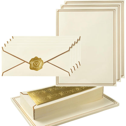 Topeen 50 Pack Stationery Set with Gold Border, #10 Business Envelopes and 8.5x11 Paper Sheets and Stickers for Writing Letters (Cream Color, 8.5x11 Inches)