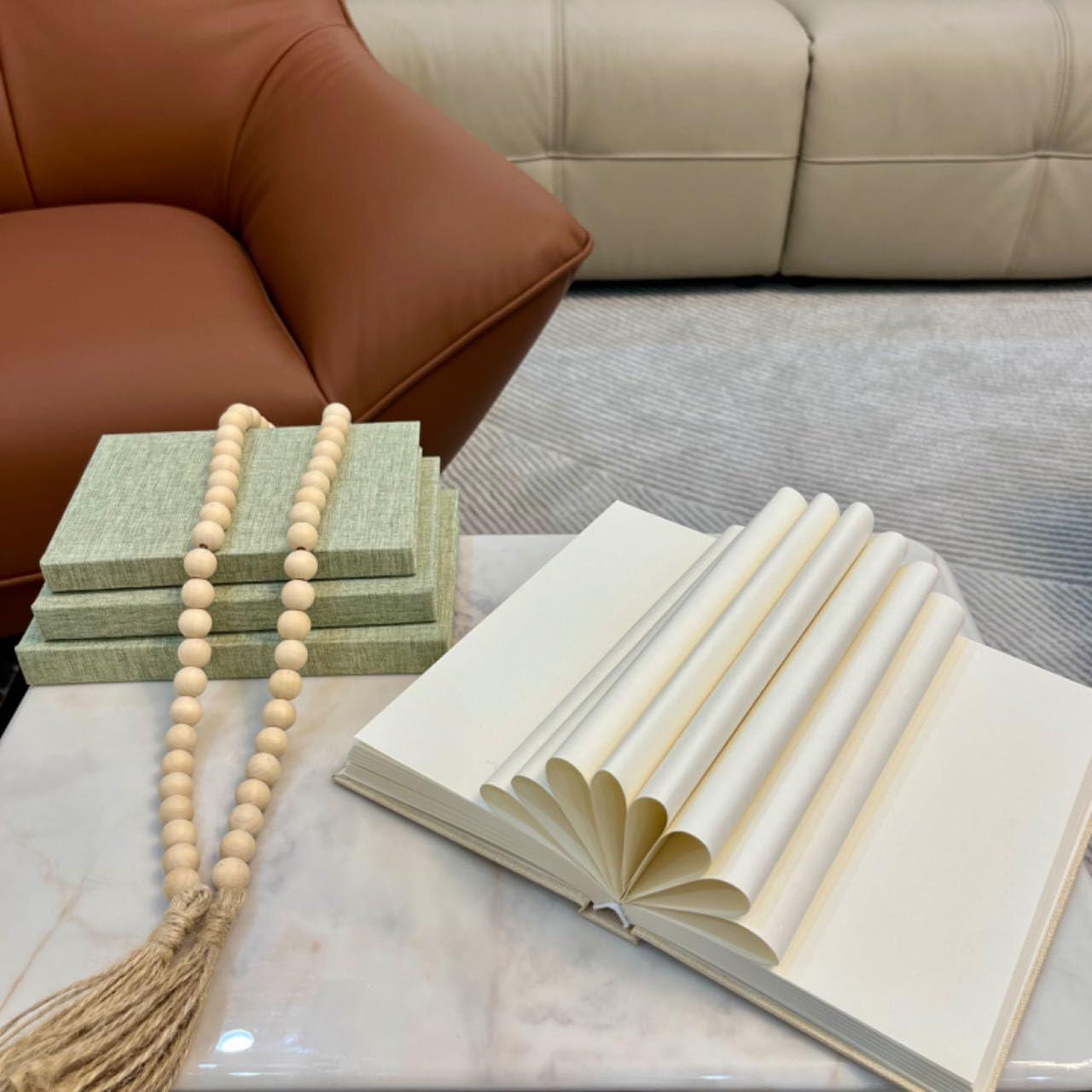 Linen Covered Decorative Books 4 Pieces, Neutral Home Decor Coffee Table Books with Wooden Beaded Tassel, Stacked Books for Rustic Farmhouse Modern, Boho, Bookshelf, Fireplace Mantel Decor, Sage