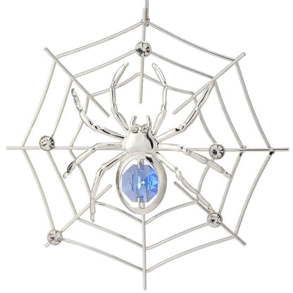 Matashi Silver Plated Christmas Tree Spider Ornament w Blue, Clear Crystals Lucky Hanging Decoration, Holiday Ornament Gift, Unique Spider Decor for Christmas & Halloween Party w Tinsel Legend Story