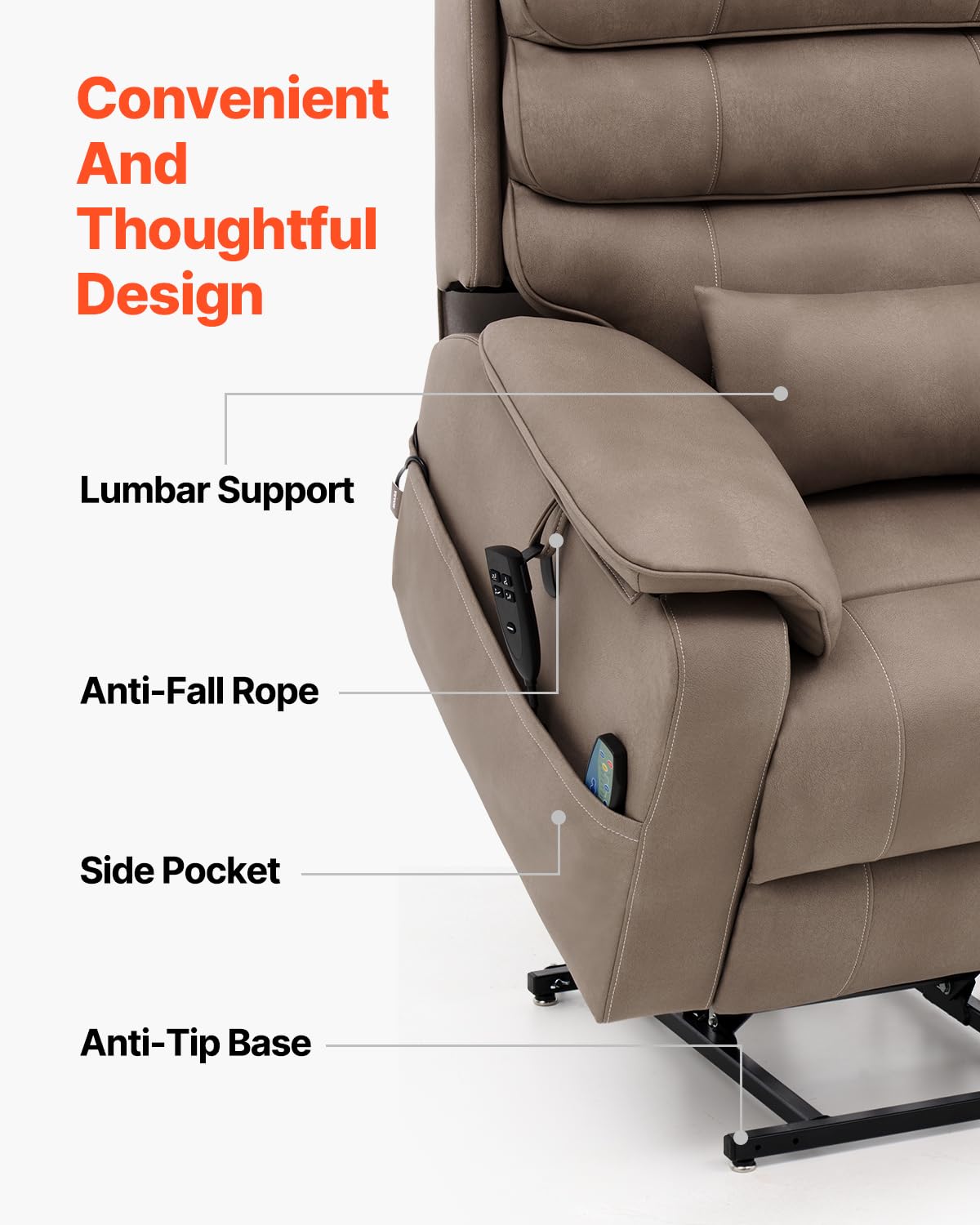 VEVOR Power Lift Recliner Chair, Dual Motor Lift Chair with Heat and Massage for Elderly, Infinite Position Adjustment Electric Recliner with a Cup Holder (Medium-Wide, Light Brown)