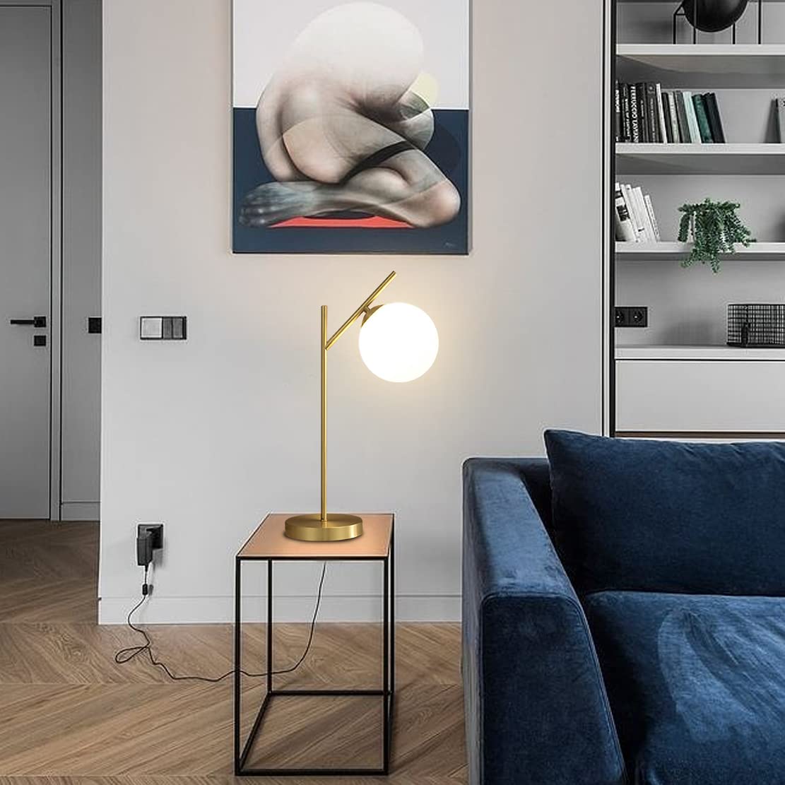 Fulesi Mid Century Modern Table Lamp, 1 Light Brass Glass Globe Bedside Lamp, Contemporary Metal Table Lamp with Milky White Glass shadefor Bedroom Living Room Study Room