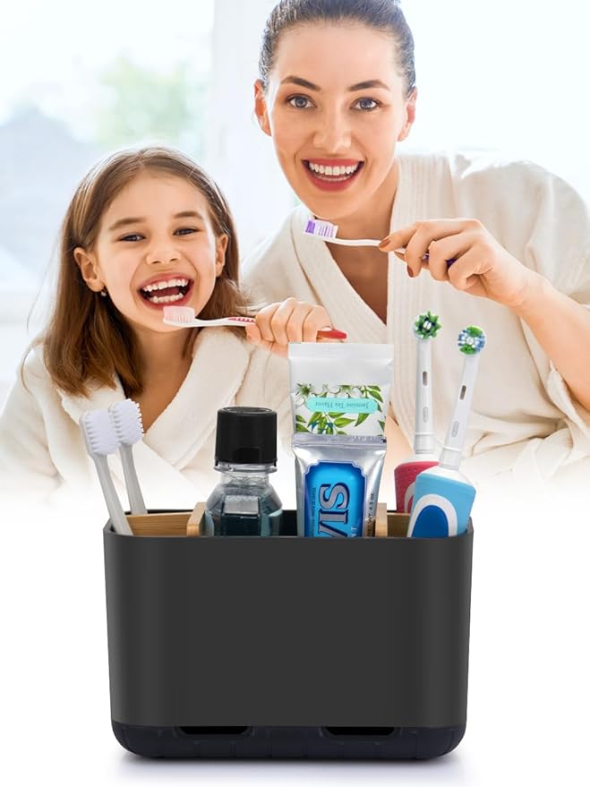 Black Toothbrush Holder, Bamboo Toothbrush and Toothpaste Holder