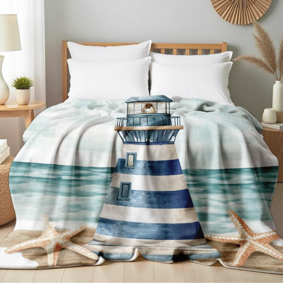 HUNXIAOJ Lighthouse Print Throw Blanket Coastal Flannel Blanket for Couch Bed Nautical Lighthouse Throw Soft Bedding Beach Bedroom Decor Gifts (49"x59")