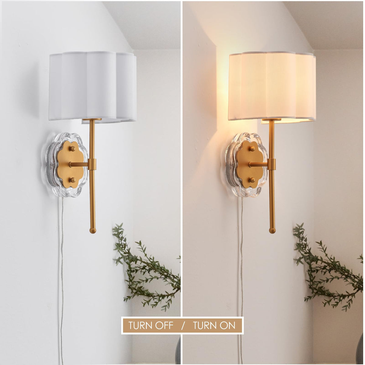 MhyTogn Modern Plug-in Wall Sconce Set of 2, with Creamy-White Fabric Flower and Antique Brass Brush Paint Finish Shade for Vanity Stairway Fireplace Kitchen Living Room Bedside