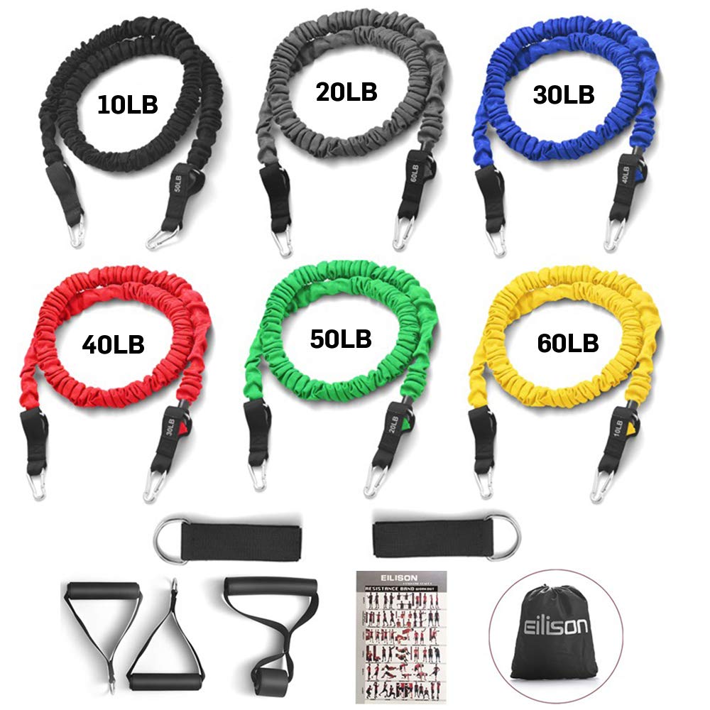 EILISON Resistance Band Kit with Heavy Duty Protective Sleeves for Safe Workout and Soft Anti-Slip Foam Handle, Door Anchor, Ankle Strap for Men and Women Stackable