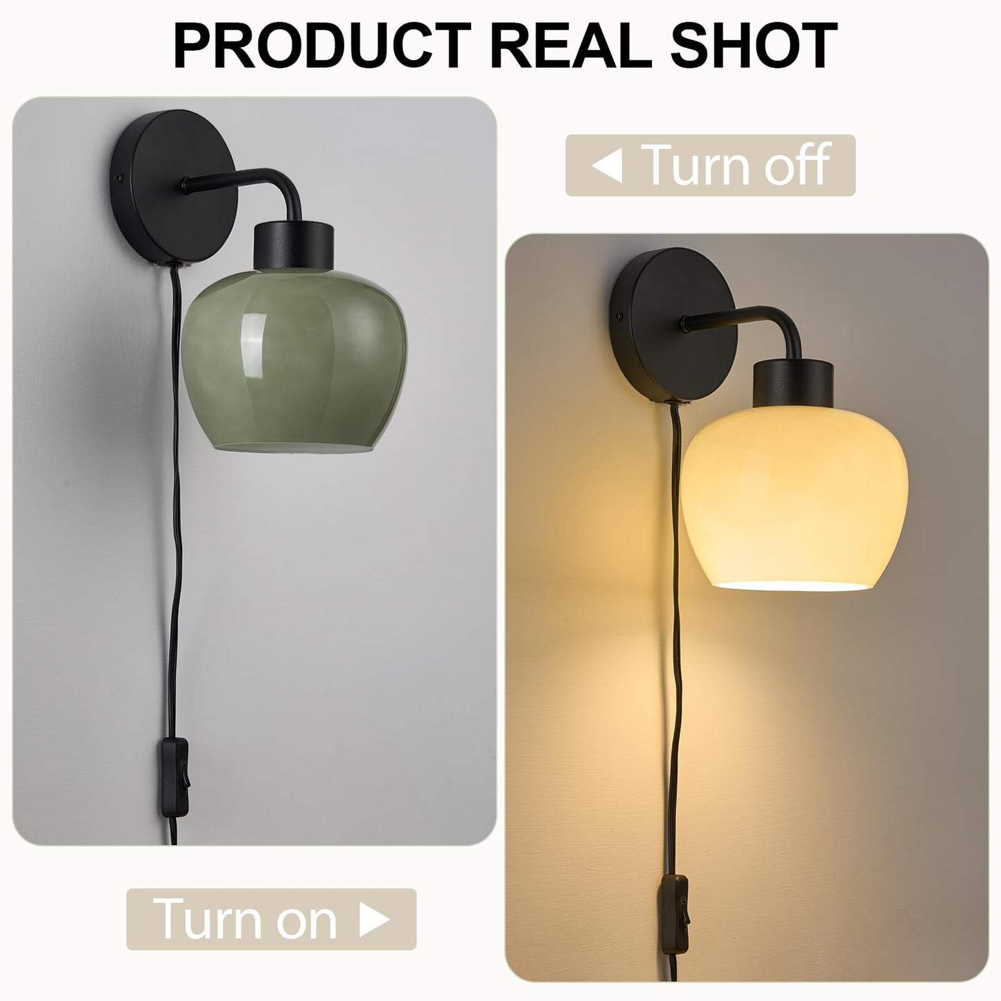 Nitimuto Modern Wall Sconces - Olive Green Milk Glass Plug-in Wall Lamp with Matte Black Finish, Industrial Boho Lighting for Bedroom, Living Room