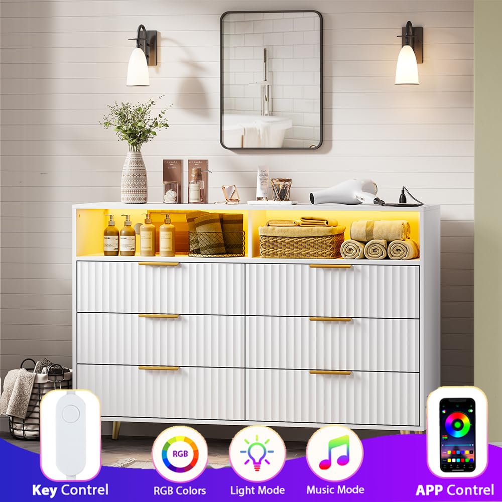 IDEALHOUSE 6 Drawer Fluted Dresser for Bedroom, 47.2" Wide Modern Chest of Drawers with Metal Handles, Wooden TV Stand, Storage Organizer for Closet, Living Room, Hallway, White