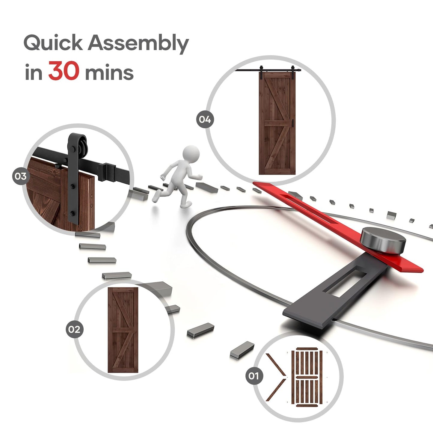 ROYMELO 30x80 inch Sliding Barn Wood Door Slab with 5ft Hardware Kit and Handle, Coffee, K Shape, Simple DIY Assembly