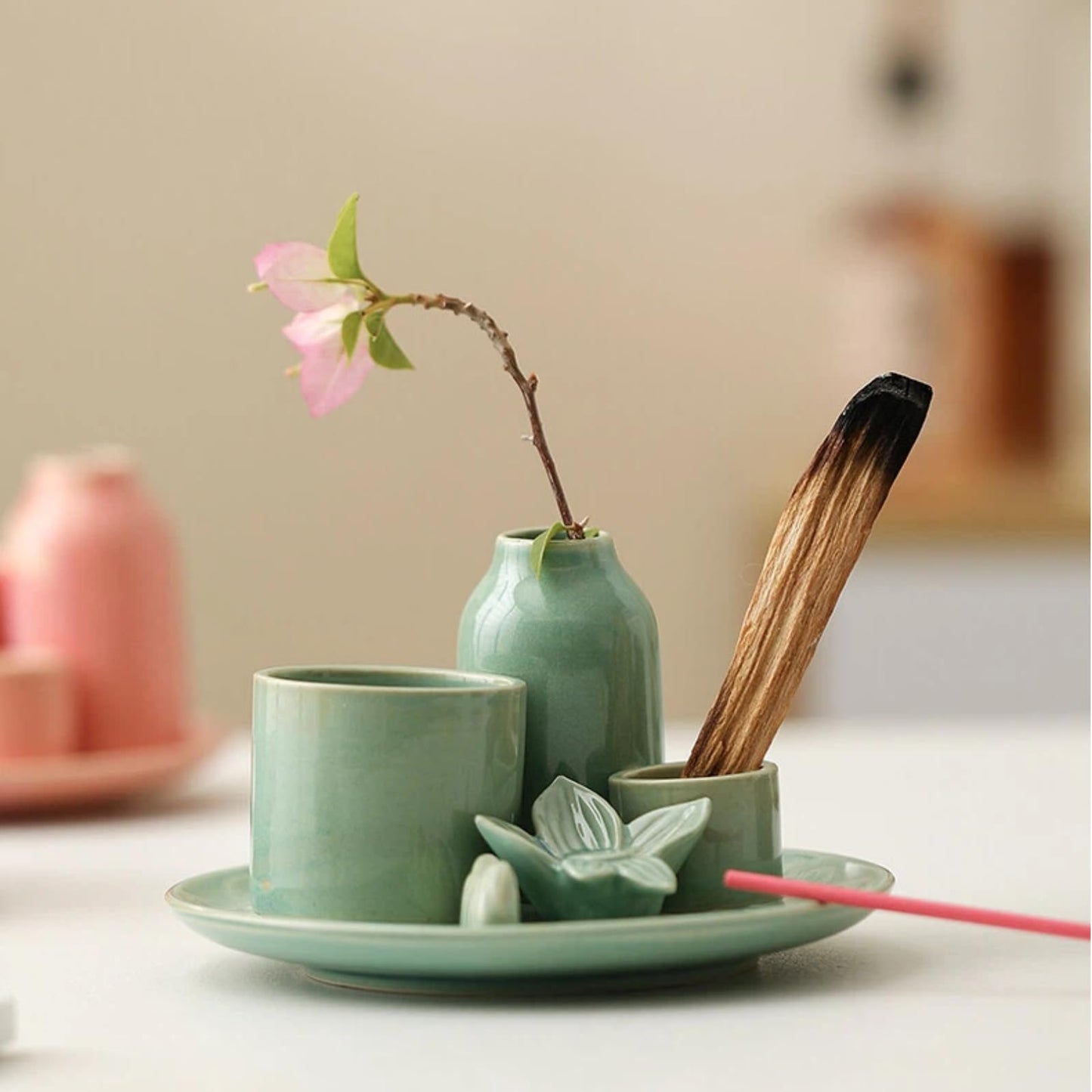 5.1 Inch 4 in 1 Ceramic Incense Holder with Ash Catcher, Sage Palo Santo Burner, Mini Vase Candle Holder for Yoga Meditation Home Decor