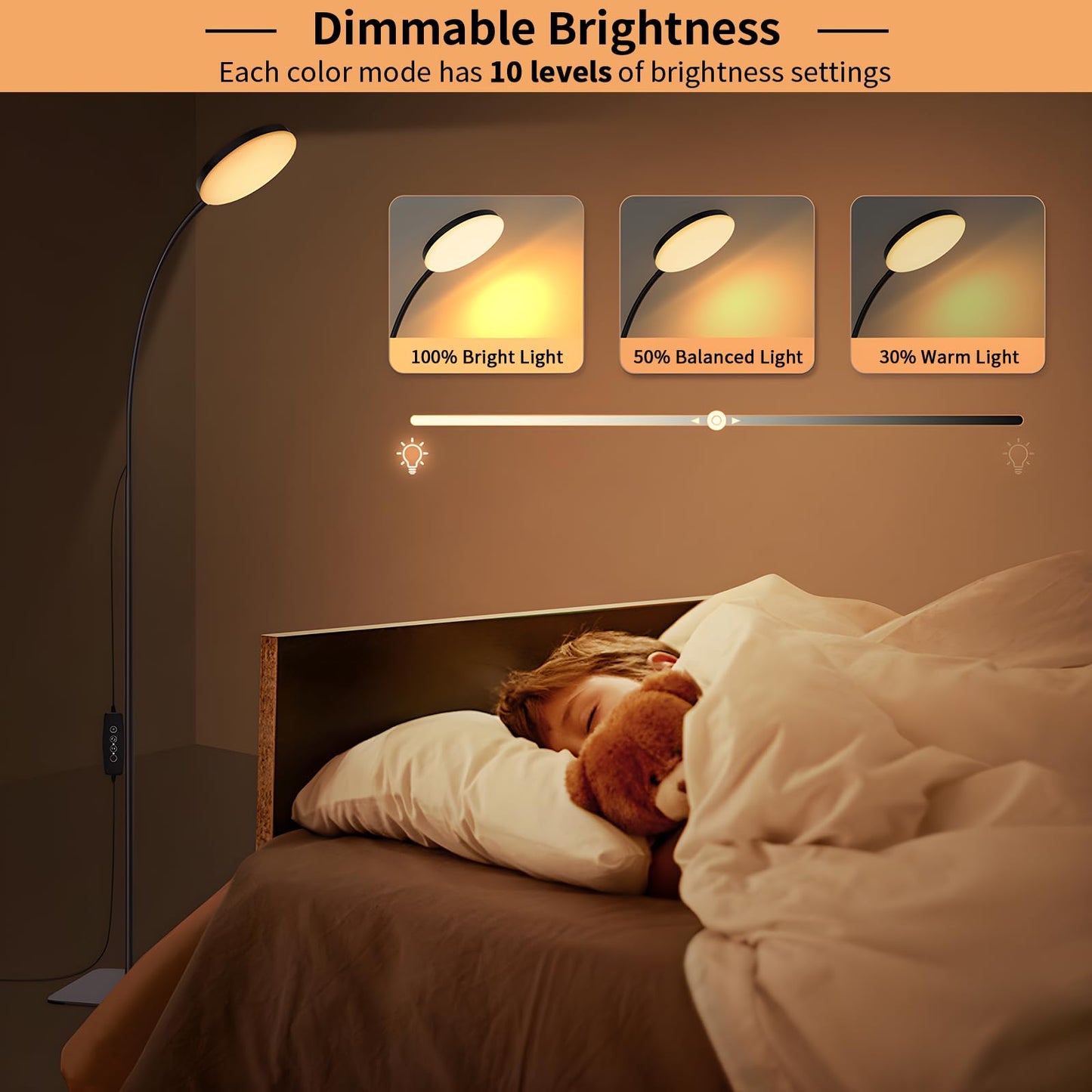 Mojimdo LED Floor Lamp, 10W Reading Standing Lamps with 3 Color Temperature & 5 Brightness Levels, Dimmable Floor Lamp for Living Room, Bedroom, Office