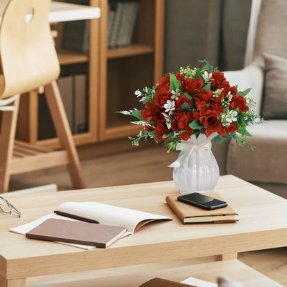 LESING Artificial Rose Silk Hydrangea Flowers Bouquets with Vase Rustic Fake Flowers for Home Decoration Table Centerpiece(Claret Red)