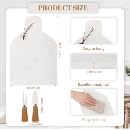 Patelai Marble Cutting Board Set of 3, White Cheese Board Charcuterie Chopping with Knife Fork 12 x 8 x 0.5 in Stone Serving Tray Slab with Handle for Kitchen Pastry Meat Fruit Housewarming Gift