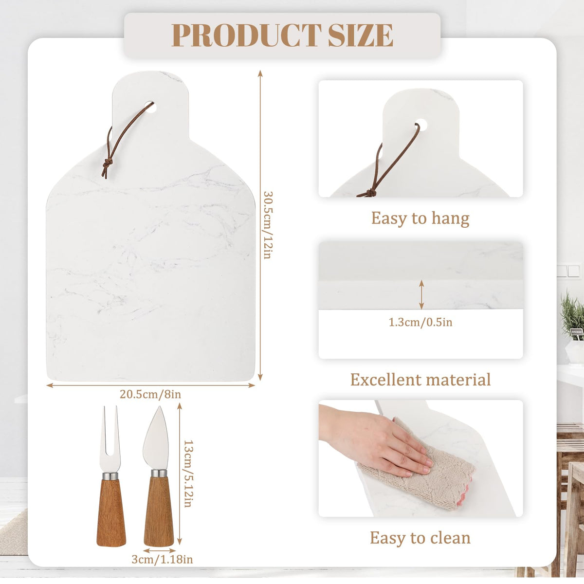 Patelai Marble Cutting Board Set of 3, White Cheese Board Charcuterie Chopping with Knife Fork 12 x 8 x 0.5 in Stone Serving Tray Slab with Handle for Kitchen Pastry Meat Fruit Housewarming Gift