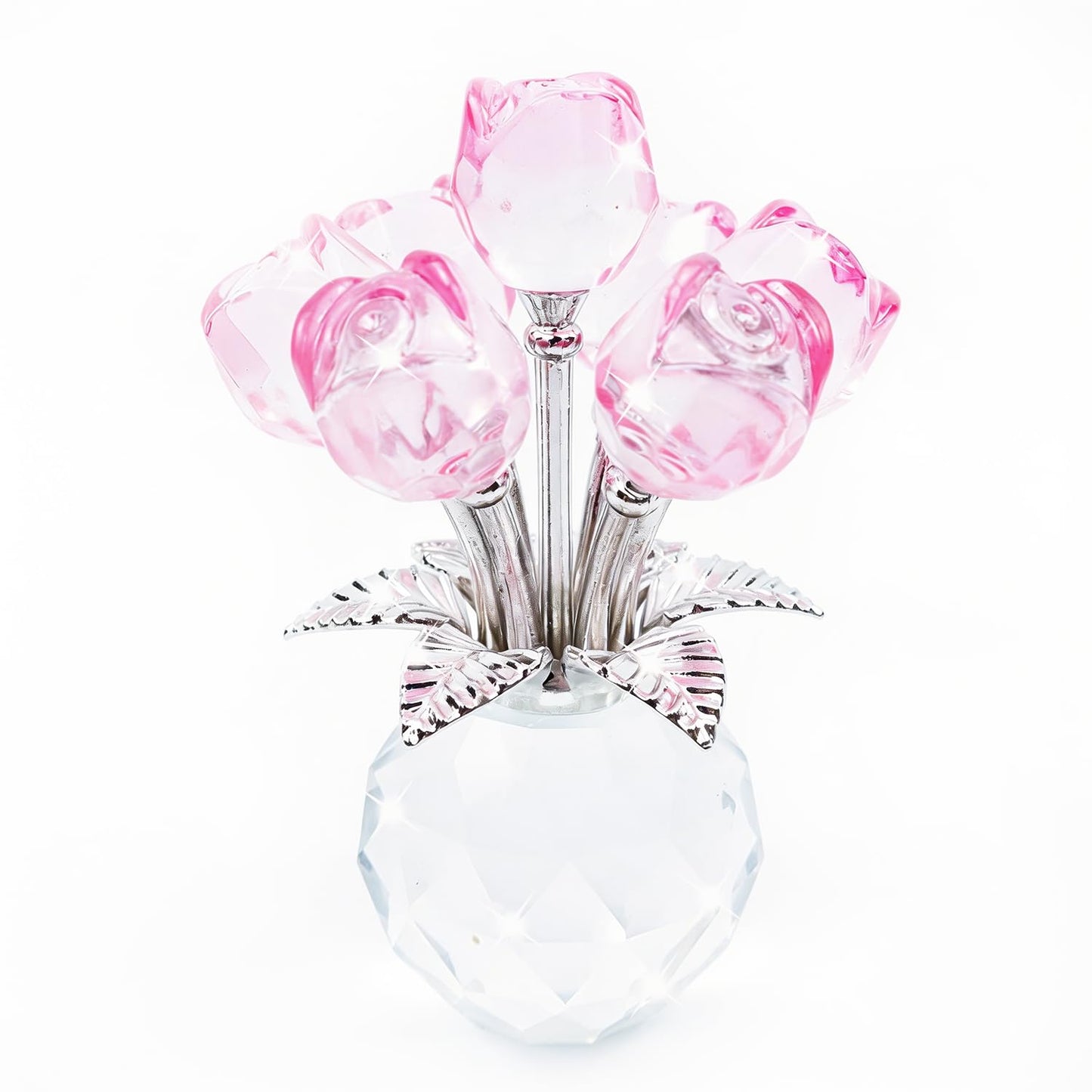 YINBEILIXU Crystal Rose Flower Figurine with Round Vase, Crystal Flowers, Glass Flowers, Glass Rose, Crystal Figurine Gifts for Women Mom Wife,Birthday Anniversary Home Decor, Silver Leaf (Pink)