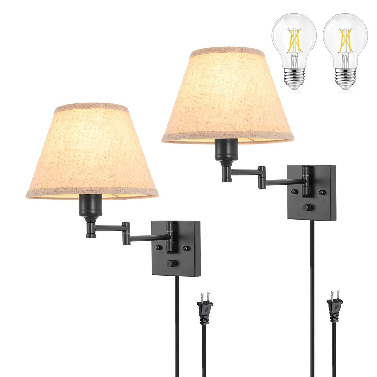 TRLIFE Wall Sconce Plug in, Dimmable Wall Sconces Set of Two Swing Arm Wall Lights with Plug in Cord and On/Off Dimmer Rotary Switch, 9.4" Medium Beige Fabric Shade(2 Pack, 2 Bulbs)