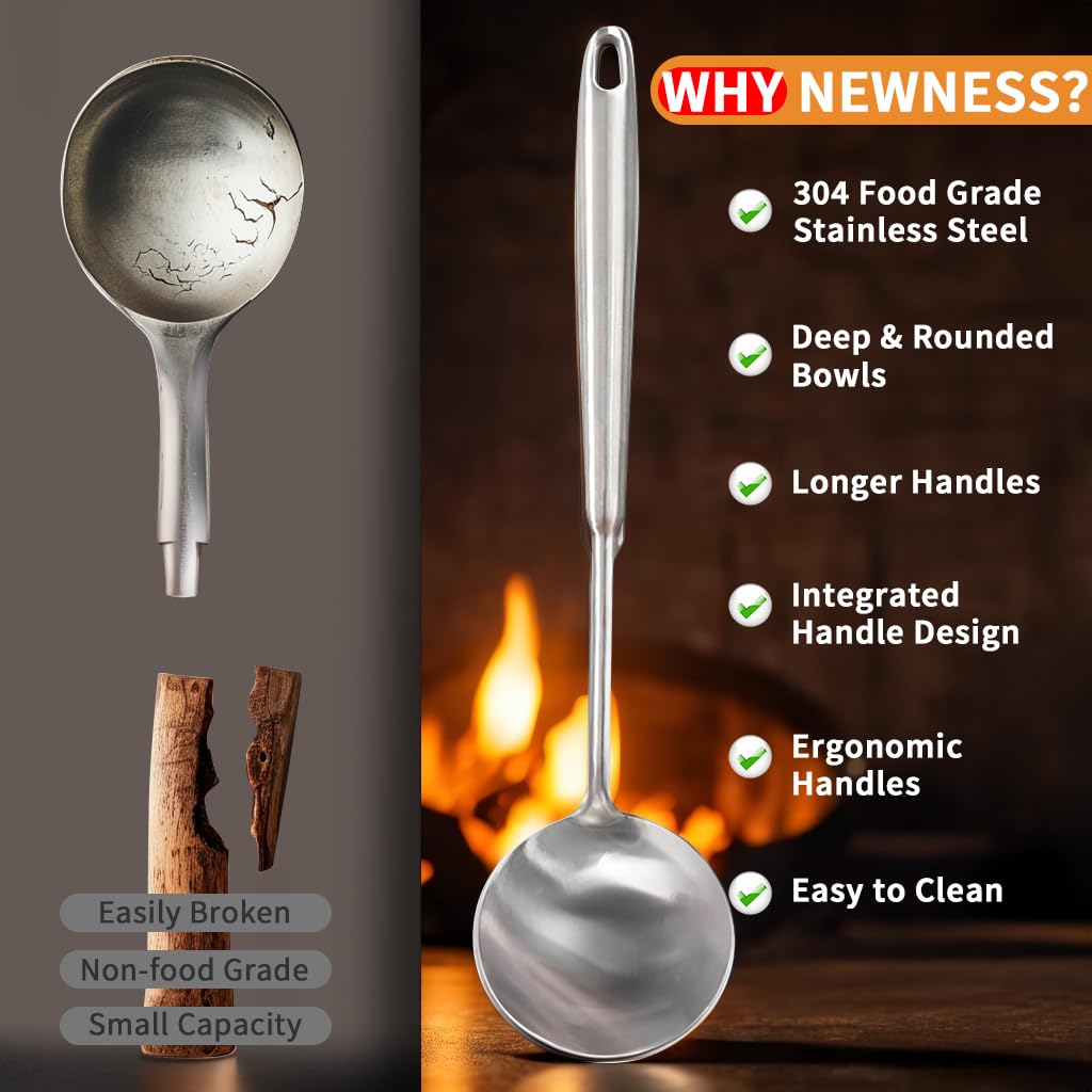 5 Pcs Newness Cooking Utensils Set, 304 Stainless Steel Kitchen Utensils Set, Metal Kitchen Accessories, Include Soup Ladle, Slotted Skimmer Spoon, Spaghetti Spoon and Spatula, Dishwasher Safe