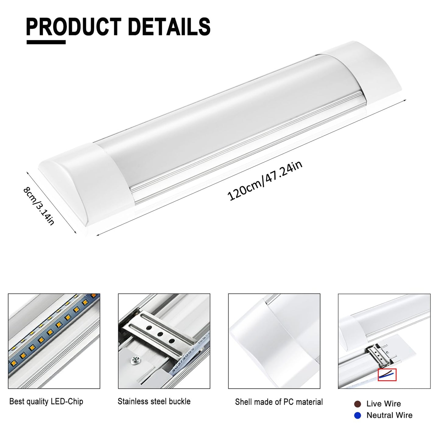 Bellanny 40W LED Batten Lights, 4ft LED Tube Light, 6500k Daylight White Ceiling Surface Mounted Light, 4800LM 180 °Beam Angle Ceiling Light for Office, Bathroom, Kitchen (2 Packs)